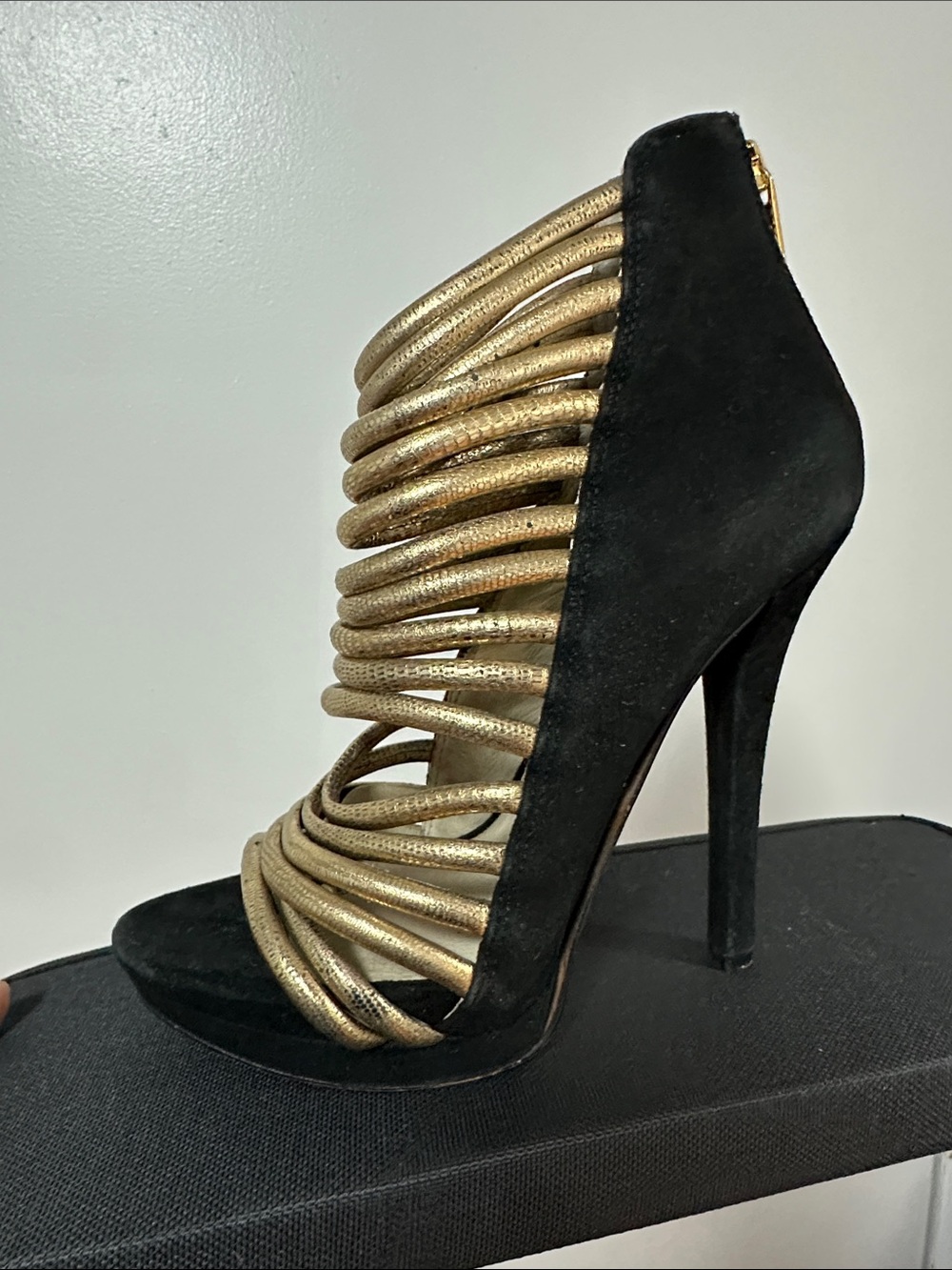 Michael Kors Black Suede High Heel with Gold Coil Straps